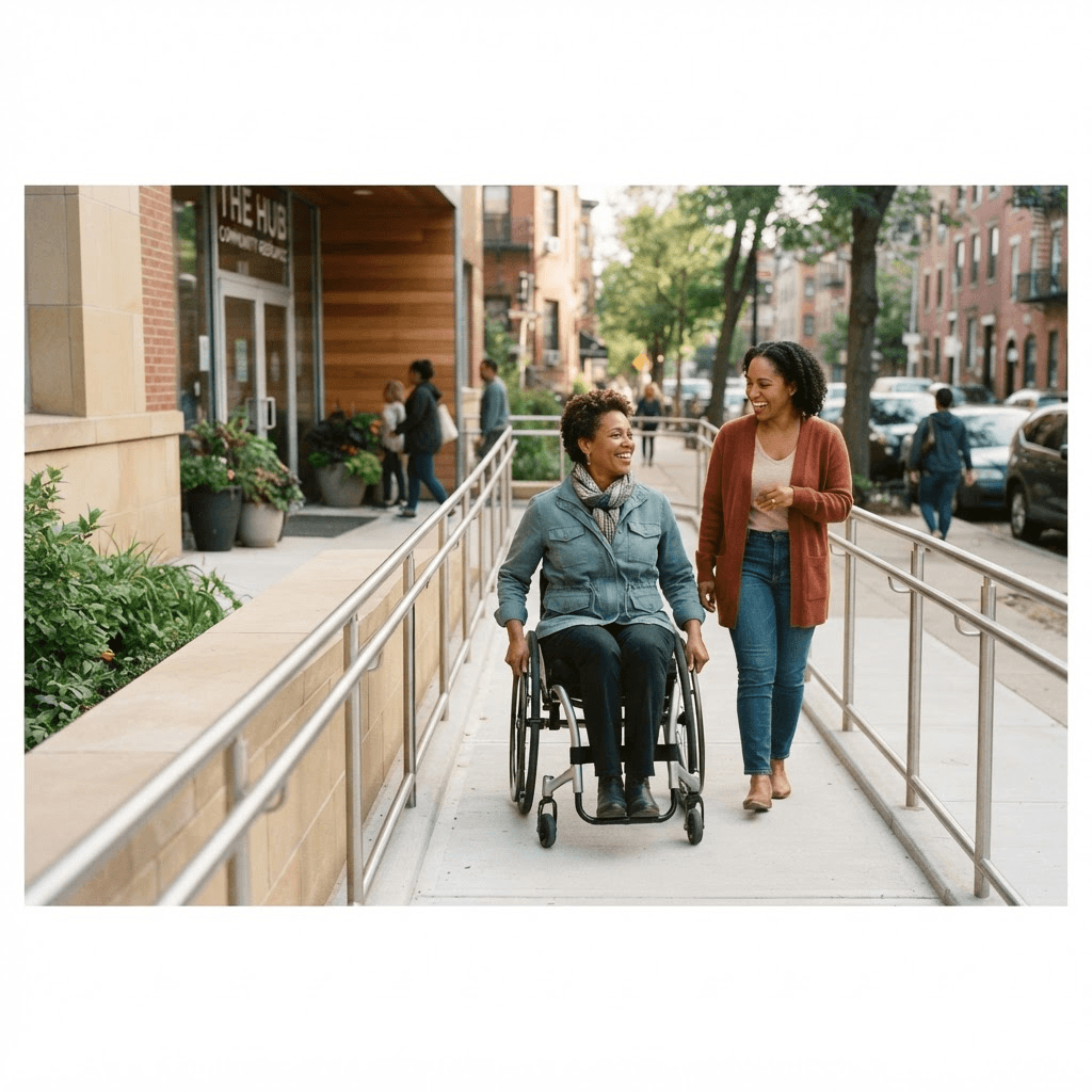 A wheelchair user leaving a community center with support from a family member