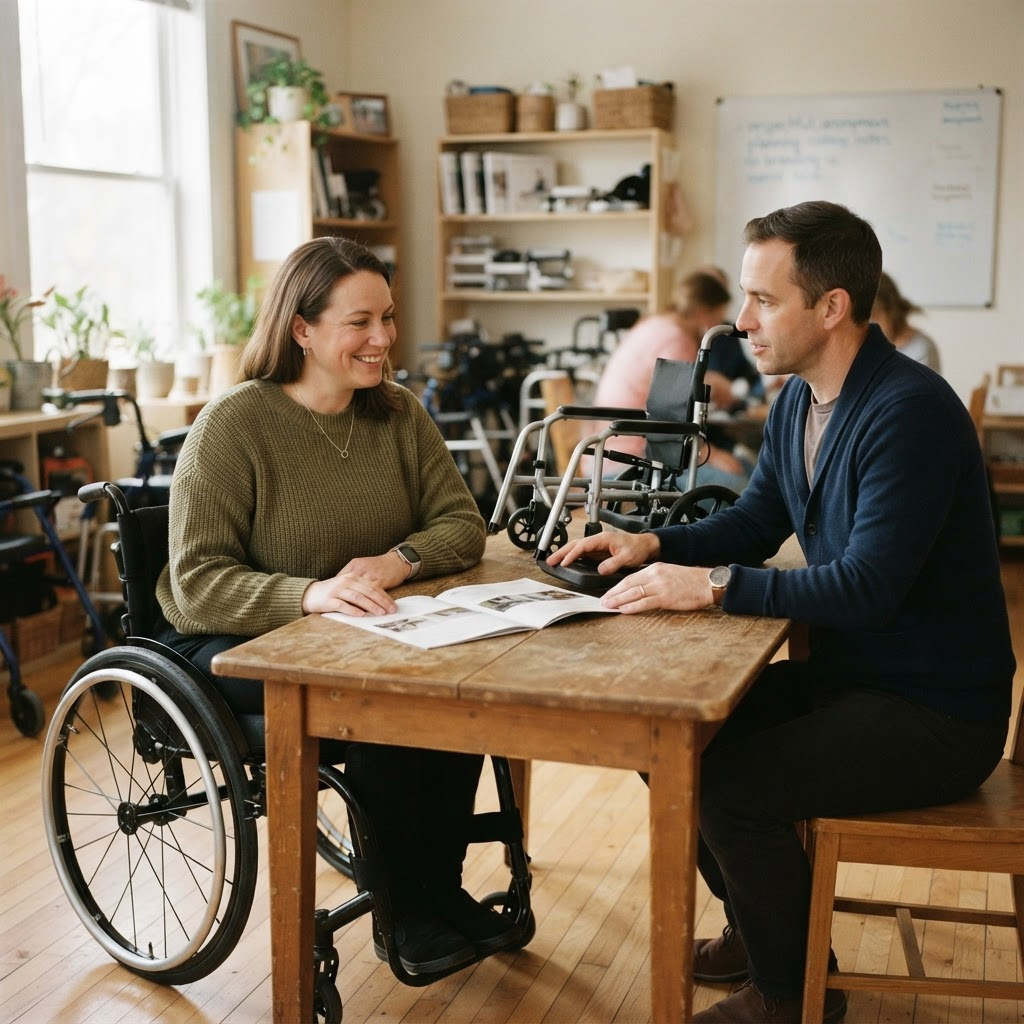 A wheelchair user and support coordinator reviewing equipment options
