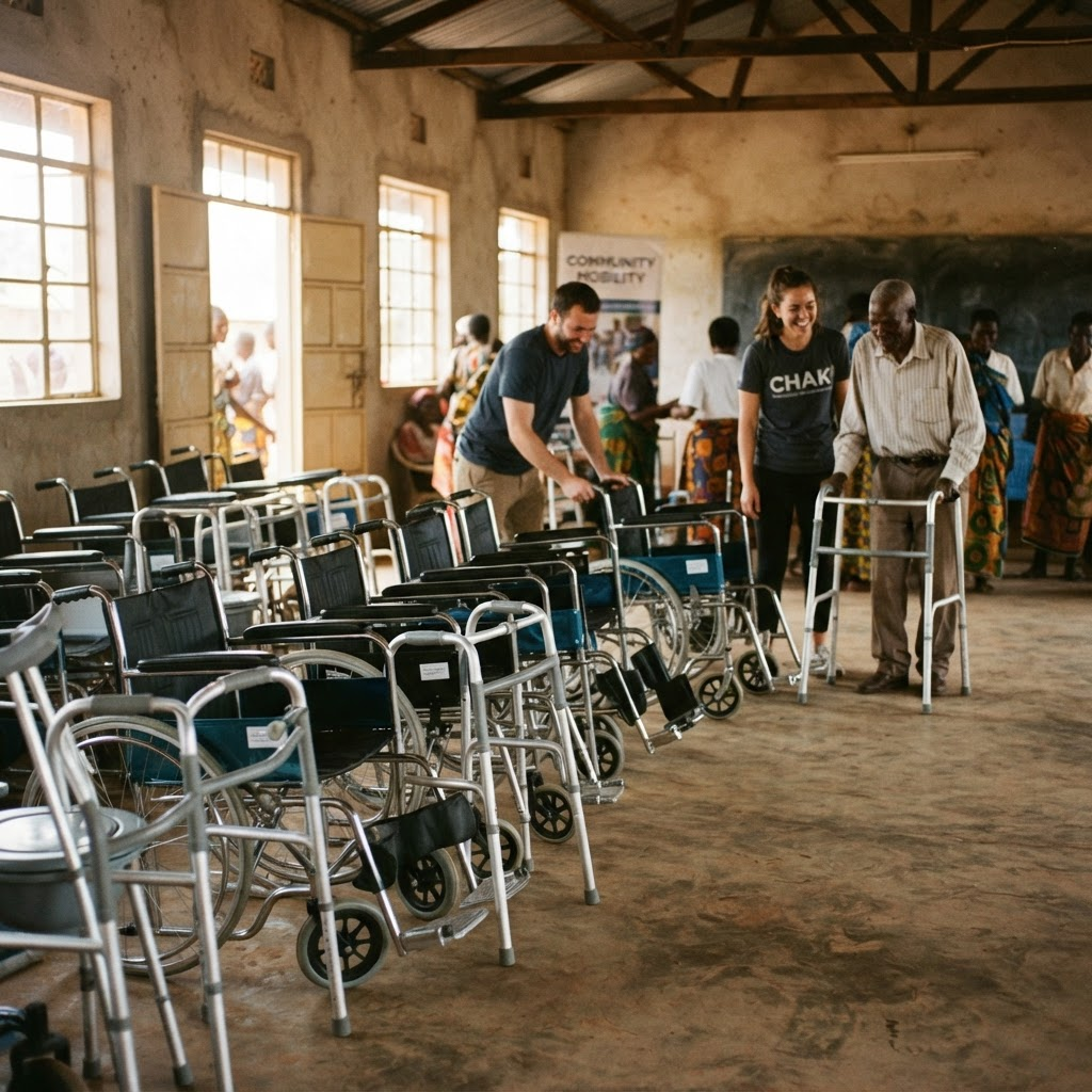 Volunteers organizing donated wheelchairs and mobility equipment