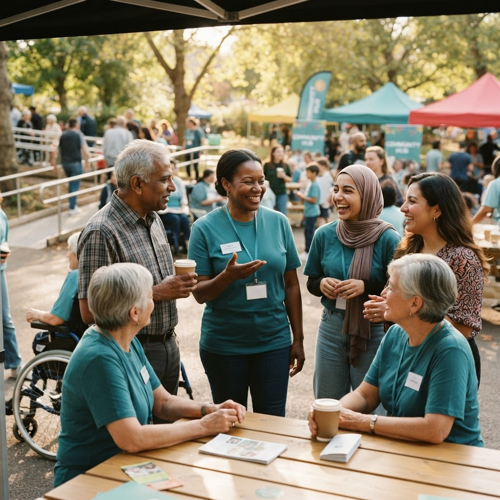 Volunteers and community members connecting at an accessible event