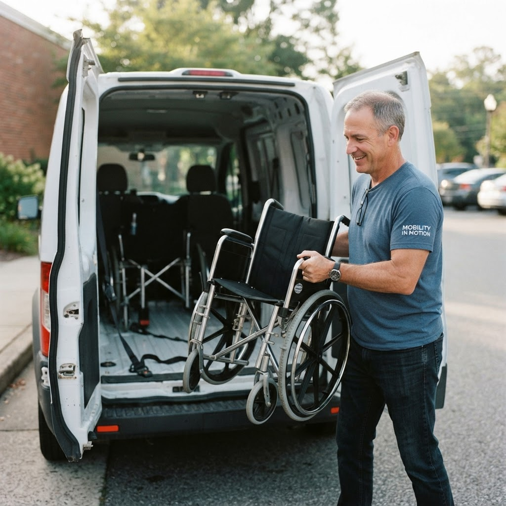 A volunteer loading mobility equipment for delivery to a recipient
