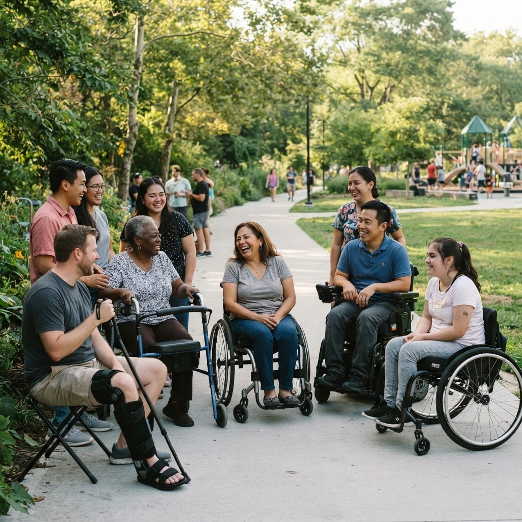 Wheelchair users and mobility aid users gathering in an accessible park