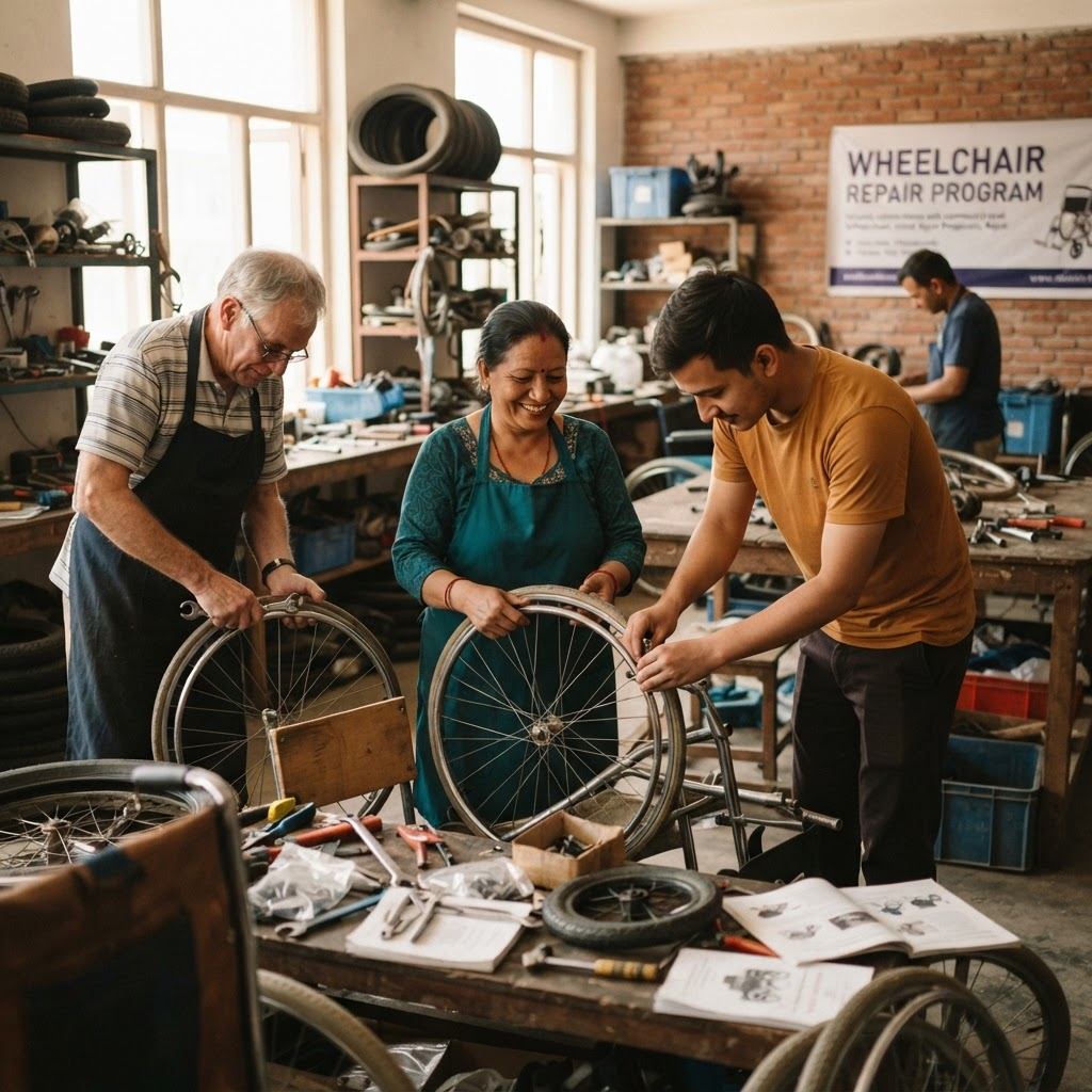 Volunteers preparing wheelchairs and mobility aids in a community workshop