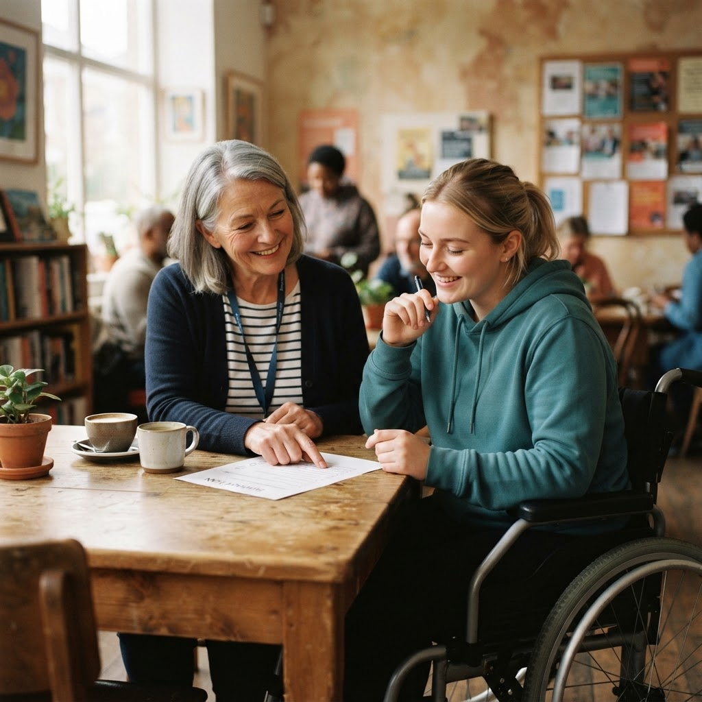 A volunteer and wheelchair user reviewing a support plan together