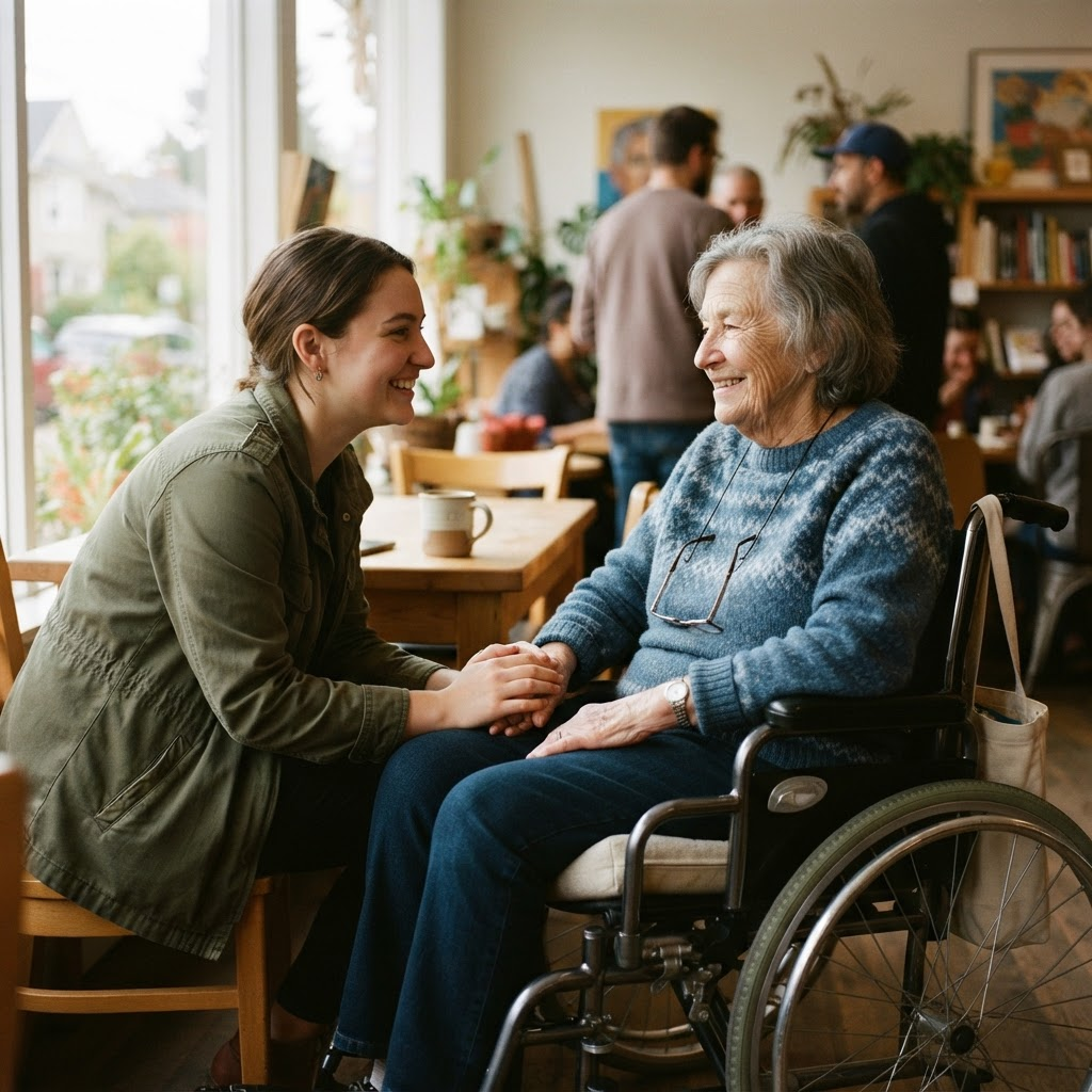 A wheelchair user and volunteer sharing a conversation at a community space