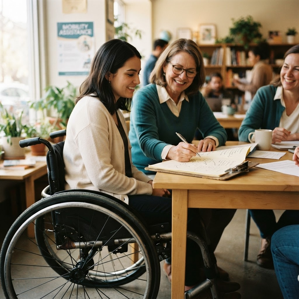 Community members and volunteers talking at an accessible event